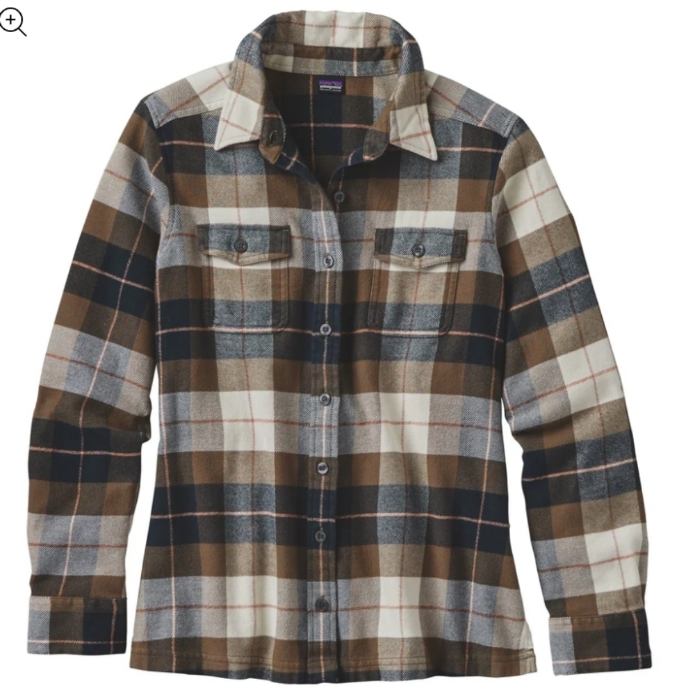 Patagonia Fjord Plaid Button-Up Shirt Women 10 Organic Cotton Tree Crown Carbon